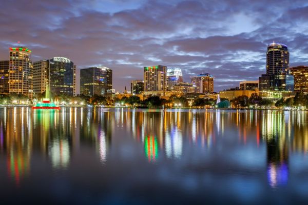 Orlando skyline on water at night
