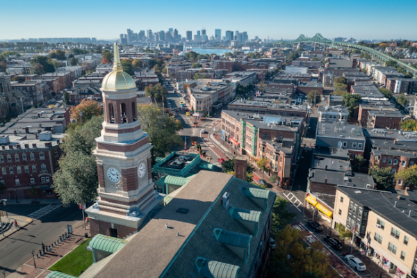 City skyline of Cambridge, with Boston in the distance