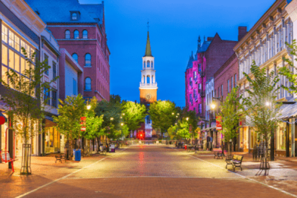 Church Street Market in Burlington, VT at night