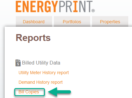 Report section of dashboard that shows where to access utility bill copies.