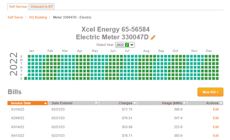 Self-entered bills list the utility tracking and usage on a specific electric meter.